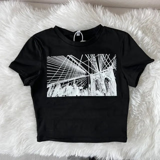 Black Printed Crop Top Short Sleeve Summer Training
