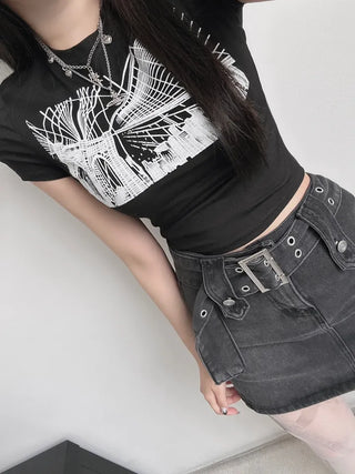 Black Printed Crop Top Short Sleeve Summer Training