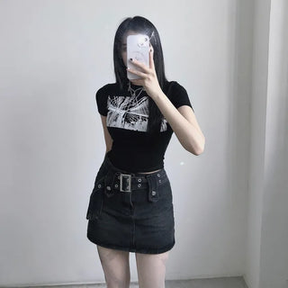 Black Printed Crop Top Short Sleeve Summer Training