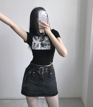 Black Printed Crop Top Short Sleeve Summer Training