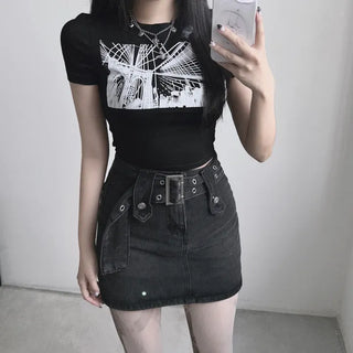 Black Printed Crop Top Short Sleeve Summer Training
