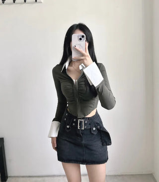 Crop long sleeve shirt shirred hook tee color