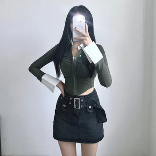 Crop long sleeve shirt shirred hook tee color