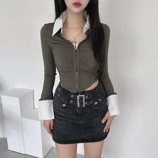 Crop long sleeve shirt shirred hook tee color