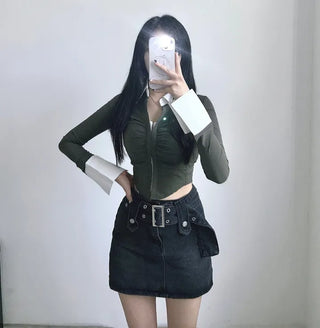 Crop long sleeve shirt shirred hook tee color