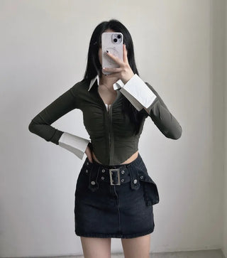 Crop long sleeve shirt shirred hook tee color