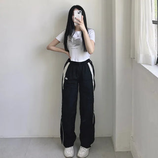 Y2K Unique Hip Crinkle Contrast Stripe Wide Fit