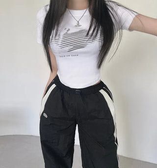 Y2K Unique Hip Crinkle Contrast Stripe Wide Fit