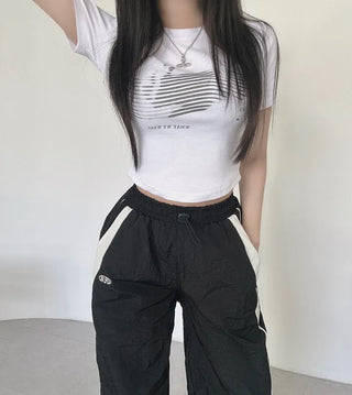 Y2K Unique Hip Crinkle Contrast Stripe Wide Fit