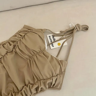 Ribbon Sleeveless Shirred One-piece Swimsuit Monokini Frill Bikini