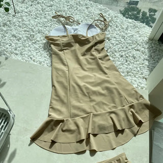 Ribbon Sleeveless Shirred One-piece Swimsuit Monokini Frill Bikini