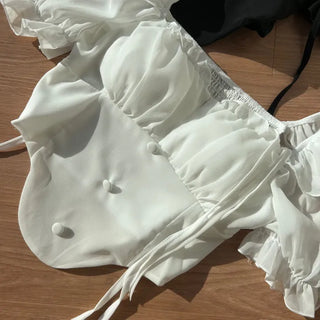 Delicate Chiffon Off-Shoulder Ribbon Halter Neck Button V-Cut