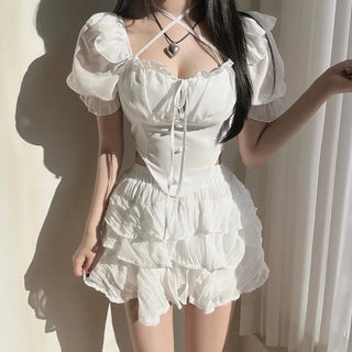 Delicate Chiffon Off-Shoulder Ribbon Halter Neck Button V-Cut