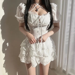 Delicate Chiffon Off-Shoulder Ribbon Halter Neck Button V-Cut