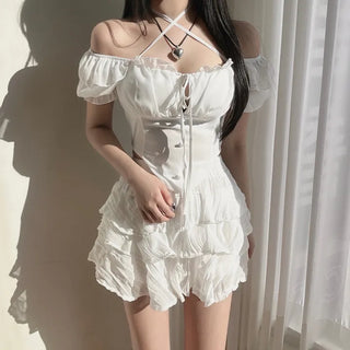 Delicate Chiffon Off-Shoulder Ribbon Halter Neck Button V-Cut