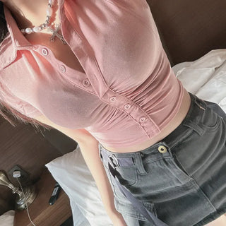 Y2K Shirred Crop Polo Shirt Short Sleeve T-shirt