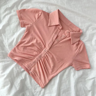 Y2K Shirred Crop Polo Shirt Short Sleeve T-shirt