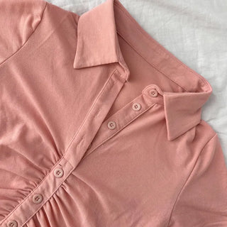 Y2K Shirred Crop Polo Shirt Short Sleeve T-shirt