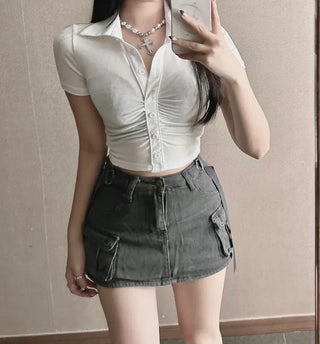 Y2K Shirred Crop Polo Shirt Short Sleeve T-shirt