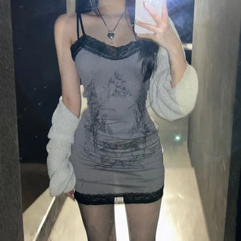 Y2K Gothic Sleeveless Lace Dress Printed Sexy Glam
