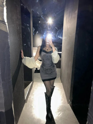 Y2K Gothic Sleeveless Lace Dress Printed Sexy Glam