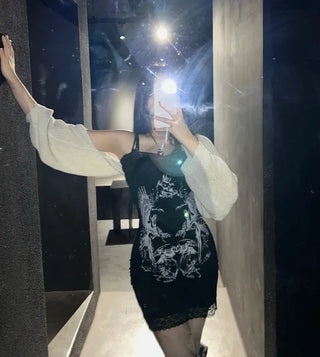 Y2K Gothic Sleeveless Lace Dress Printed Sexy Glam