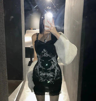 Y2K Gothic Sleeveless Lace Dress Printed Sexy Glam