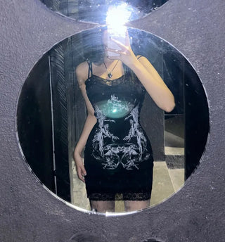 Y2K Gothic Sleeveless Lace Dress Printed Sexy Glam
