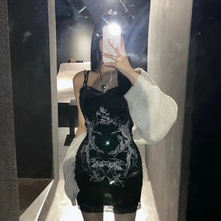 Y2K Gothic Sleeveless Lace Dress Printed Sexy Glam