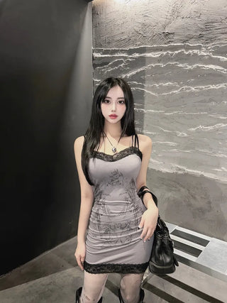 Y2K Gothic Sleeveless Lace Dress Printed Sexy Glam
