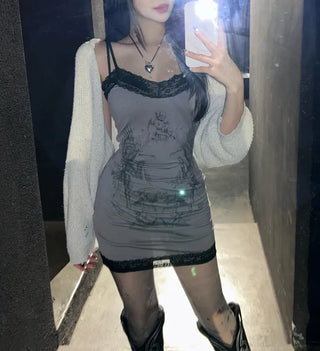 Y2K Gothic Sleeveless Lace Dress Printed Sexy Glam