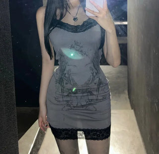 Y2K Gothic Sleeveless Lace Dress Printed Sexy Glam