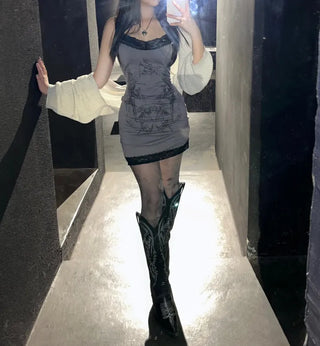 Y2K Gothic Sleeveless Lace Dress Printed Sexy Glam