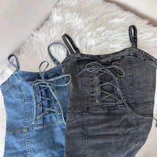 Y2K Denim Corset Dress Sleeveless Blue Festival Look