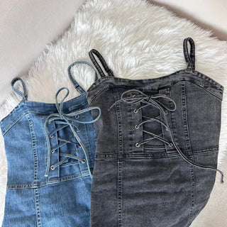 Y2K Denim Corset Dress Sleeveless Blue Festival Look