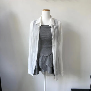 Back Slit Shirt Cardigan Linen Ribbon Oversized Loose