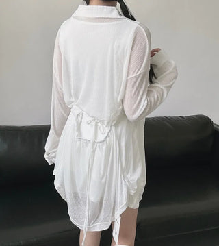 Back Slit Shirt Cardigan Linen Ribbon Oversized Loose