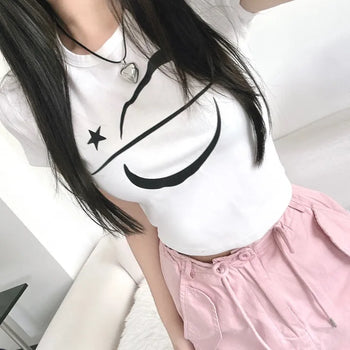 Unique y2k Crop Star Short Sleeve Daily Top