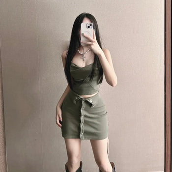 Halter Twist Sleeveless Button Skirt Two-Piece Set Setup