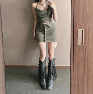 Halter Twist Sleeveless Button Skirt Two-Piece Set Setup