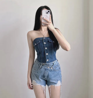 Vintage Button Denim Top Washed Tube Tank Sexy