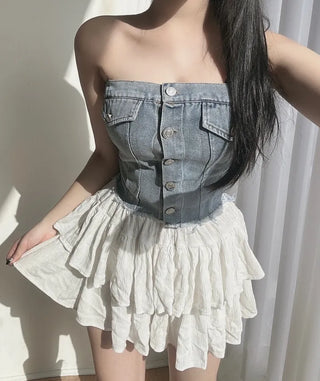 Vintage Button Denim Top Washed Tube Tank Sexy