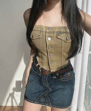 Vintage Button Denim Top Washed Tube Tank Sexy