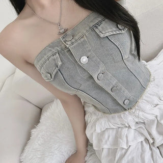 Vintage Button Denim Top Washed Tube Tank Sexy