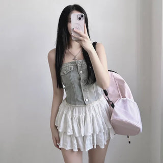 Vintage Button Denim Top Washed Tube Tank Sexy