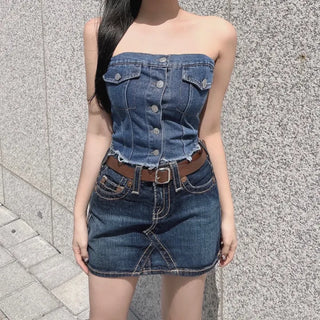 Vintage Button Denim Top Washed Tube Tank Sexy