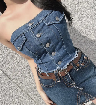 Vintage Button Denim Top Washed Tube Tank Sexy