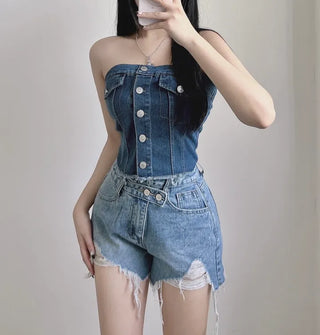 Vintage Button Denim Top Washed Tube Tank Sexy