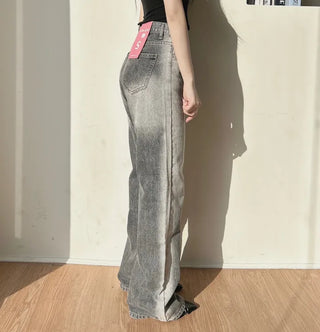 Ice Gray Washed Wide Pants Straight Denim for
