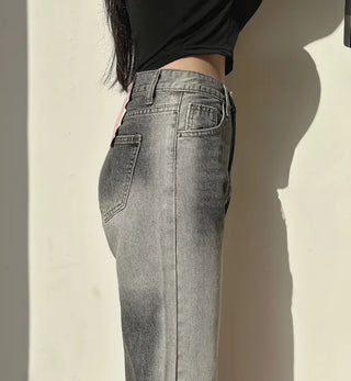 Ice Gray Washed Wide Pants Straight Denim for